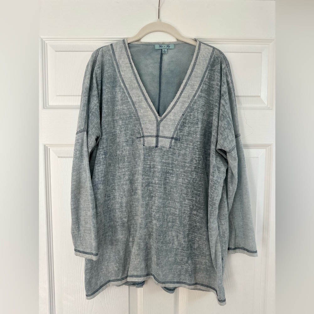 She + Sky light blue long sleeve shirt.